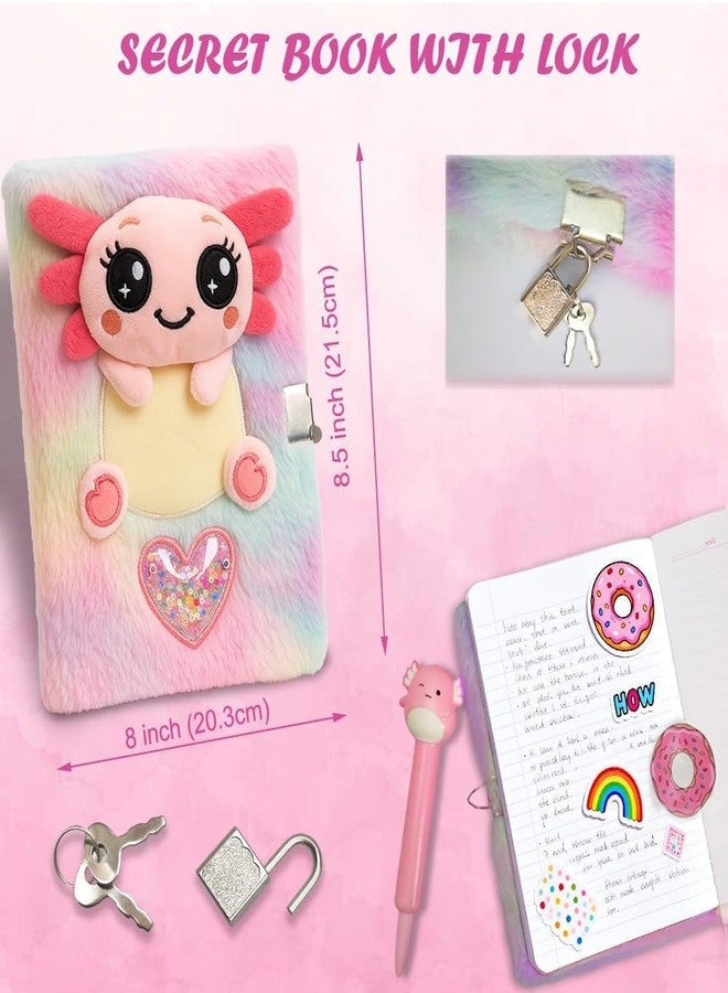 Kipwake Axolotl Gift Set for Girls - Cute Axolotl-Themed Toy Box with Fluffy Diary, Stickers,Pen, Crocheted Stuffed Animal, Pink Purse, Necklace, Keychain, and More Axolotl Stuff - Birthday Gifts for Kids - Image 3